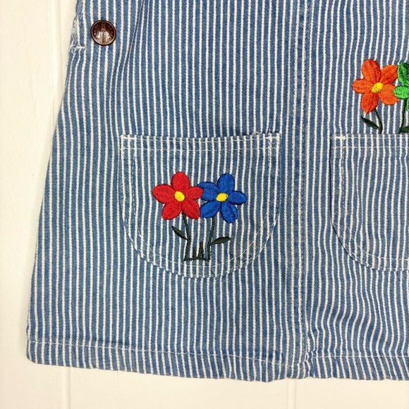 VINTAGE 90’s Railroad Stripe Denim Dress Embroidered Floral Buttons Girl’s 2T - Picture 3 of 6